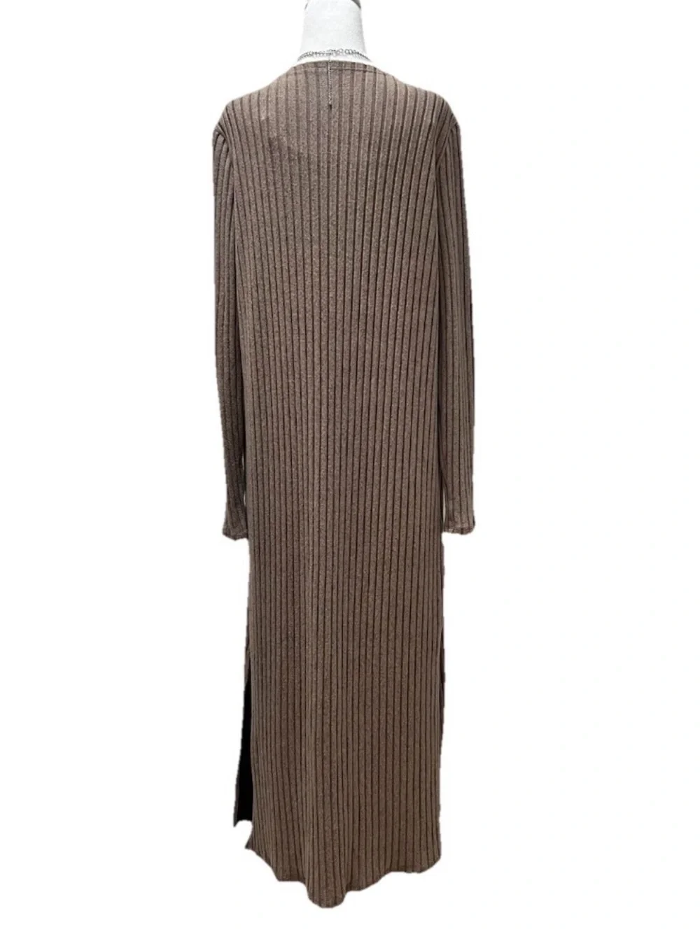 Ribbed Knit Long Sleeve Split Casual Longline Coat - Mottled Wood Brown M